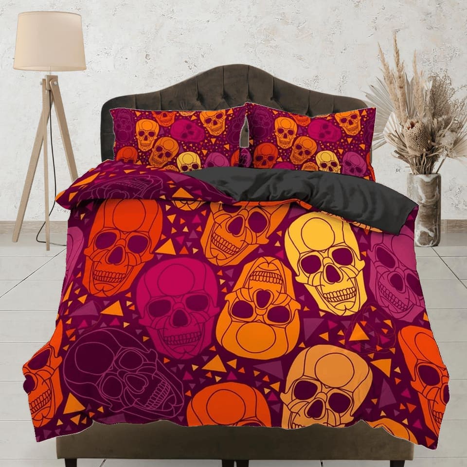 Halloween Bedding Colorful Skulls Duvet Cover Set Bedspread, Dorm Bedding with Pillowcase, Halloween Gift Teens Kids Adult…