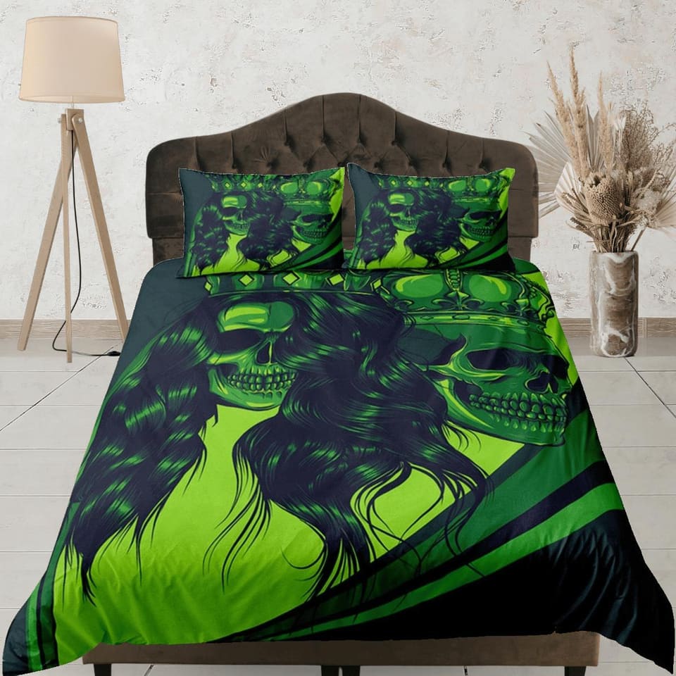 Halloween Bedding Gangster Skull Green Duvet Cover Set Bedspread, Dorm Bedding with Pillowcase, Halloween Gift Teens Kids…