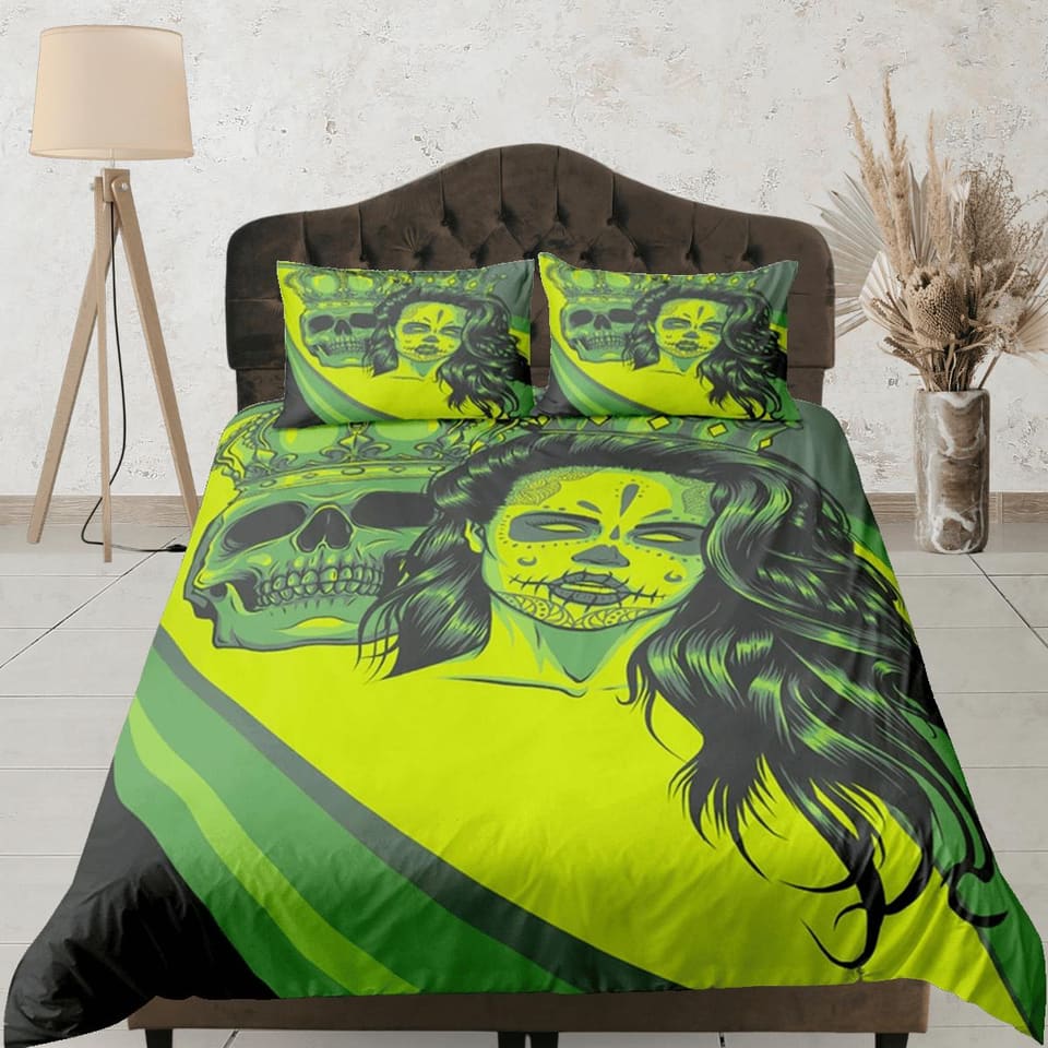 Halloween Bedding Gangster Skull Green Duvet Cover Set Bedspread, Dorm Bedding with Pillowcase, Halloween Gift Teens Kids…