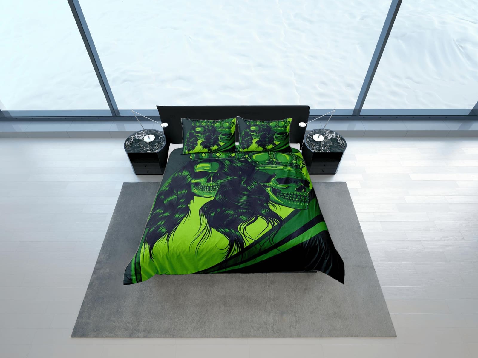 Halloween Bedding Gangster Skull Green Duvet Cover Set Bedspread, Dorm Bedding with Pillowcase, Halloween Gift Teens Kids…