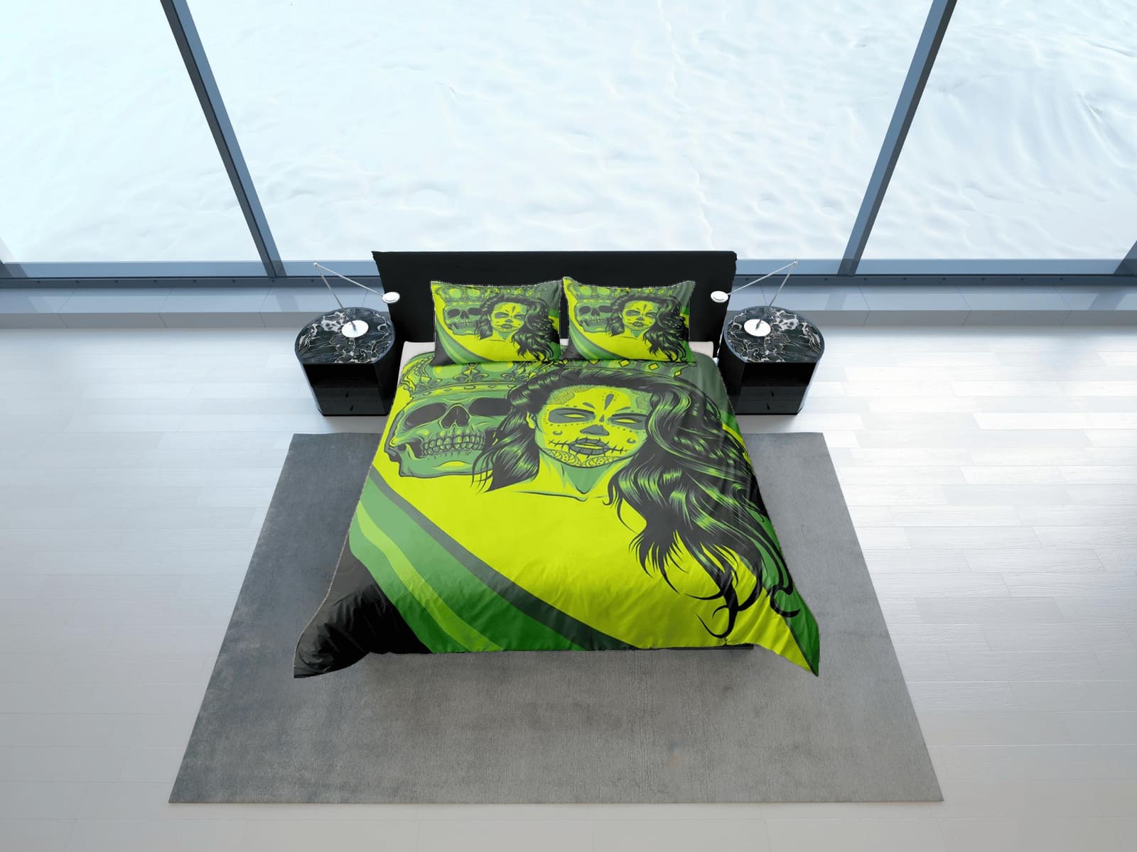 Halloween Bedding Gangster Skull Green Duvet Cover Set Bedspread, Dorm Bedding with Pillowcase, Halloween Gift Teens Kids…