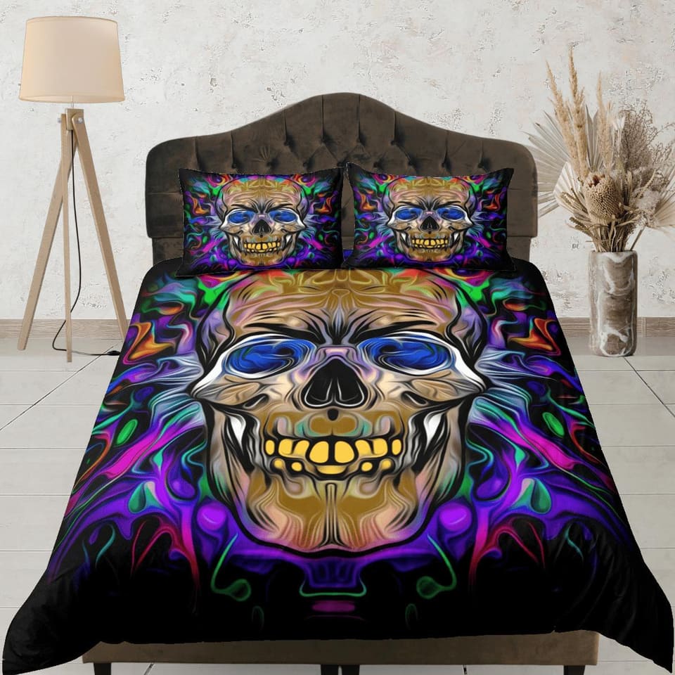 Halloween Bedding Hippie Neon Colors Skull Duvet Cover Set Colorful Bedspread, Dorm Bedding Pillowcase, Halloween Gift Tee…