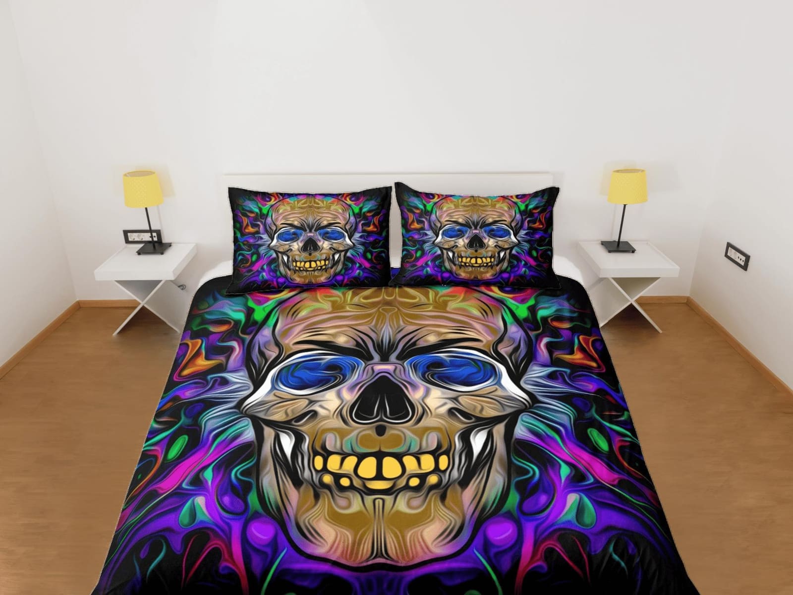 Halloween Bedding Hippie Neon Colors Skull Duvet Cover Set Colorful Bedspread, Dorm Bedding Pillowcase, Halloween Gift Tee…