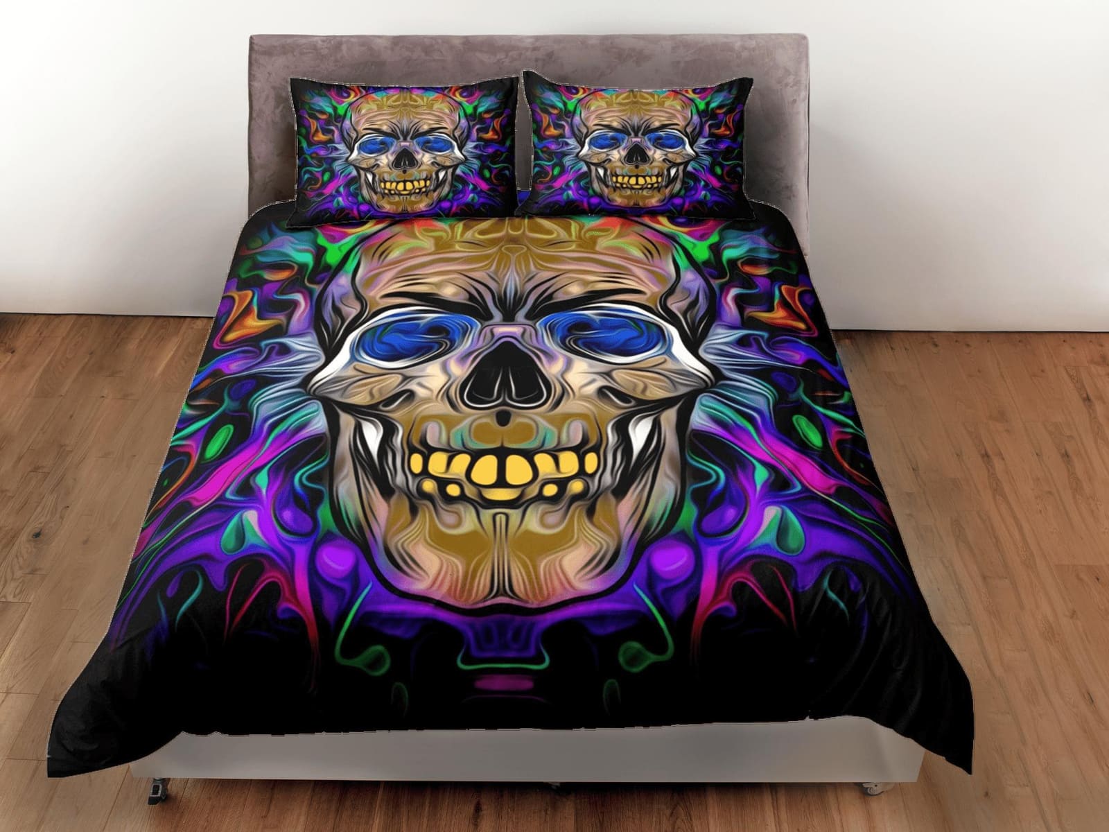 Halloween Bedding Hippie Neon Colors Skull Duvet Cover Set Colorful Bedspread, Dorm Bedding Pillowcase, Halloween Gift Tee…