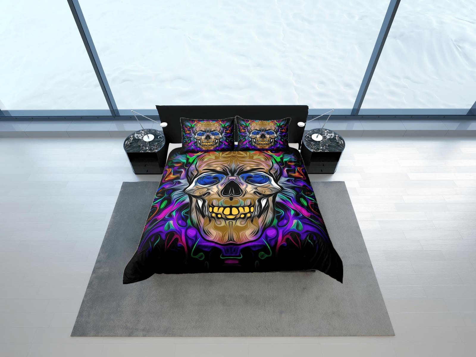 Halloween Bedding Hippie Neon Colors Skull Duvet Cover Set Colorful Bedspread, Dorm Bedding Pillowcase, Halloween Gift Tee…