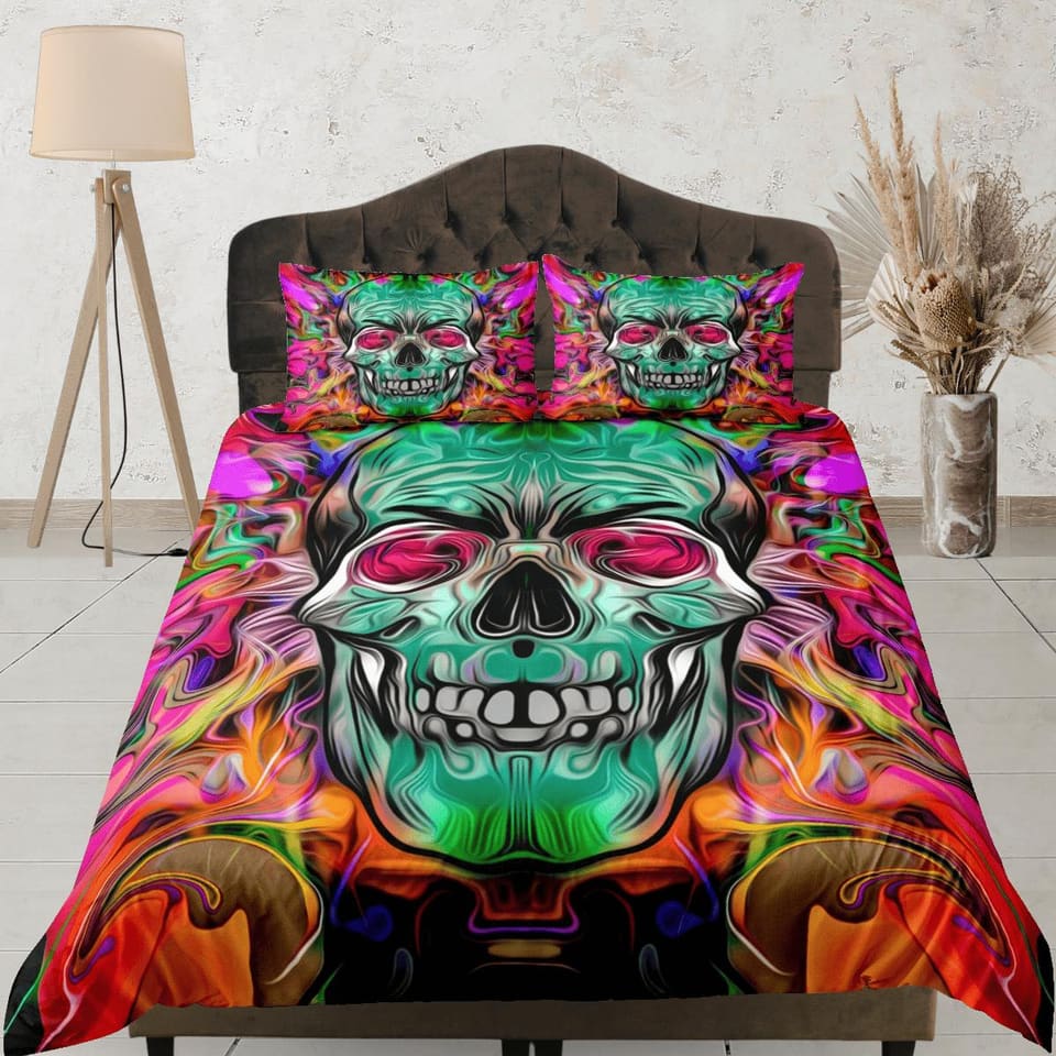 Halloween Bedding Hippie Neon Skull Colorful Duvet Cover Set Colorful Skull Bedspread, Dorm Bedding Pillowcase, Halloween…