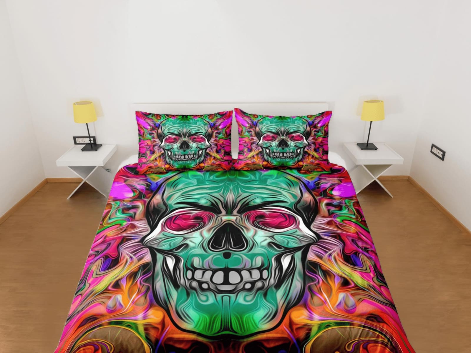 Halloween Bedding Hippie Neon Skull Colorful Duvet Cover Set Colorful Skull Bedspread, Dorm Bedding Pillowcase, Halloween…