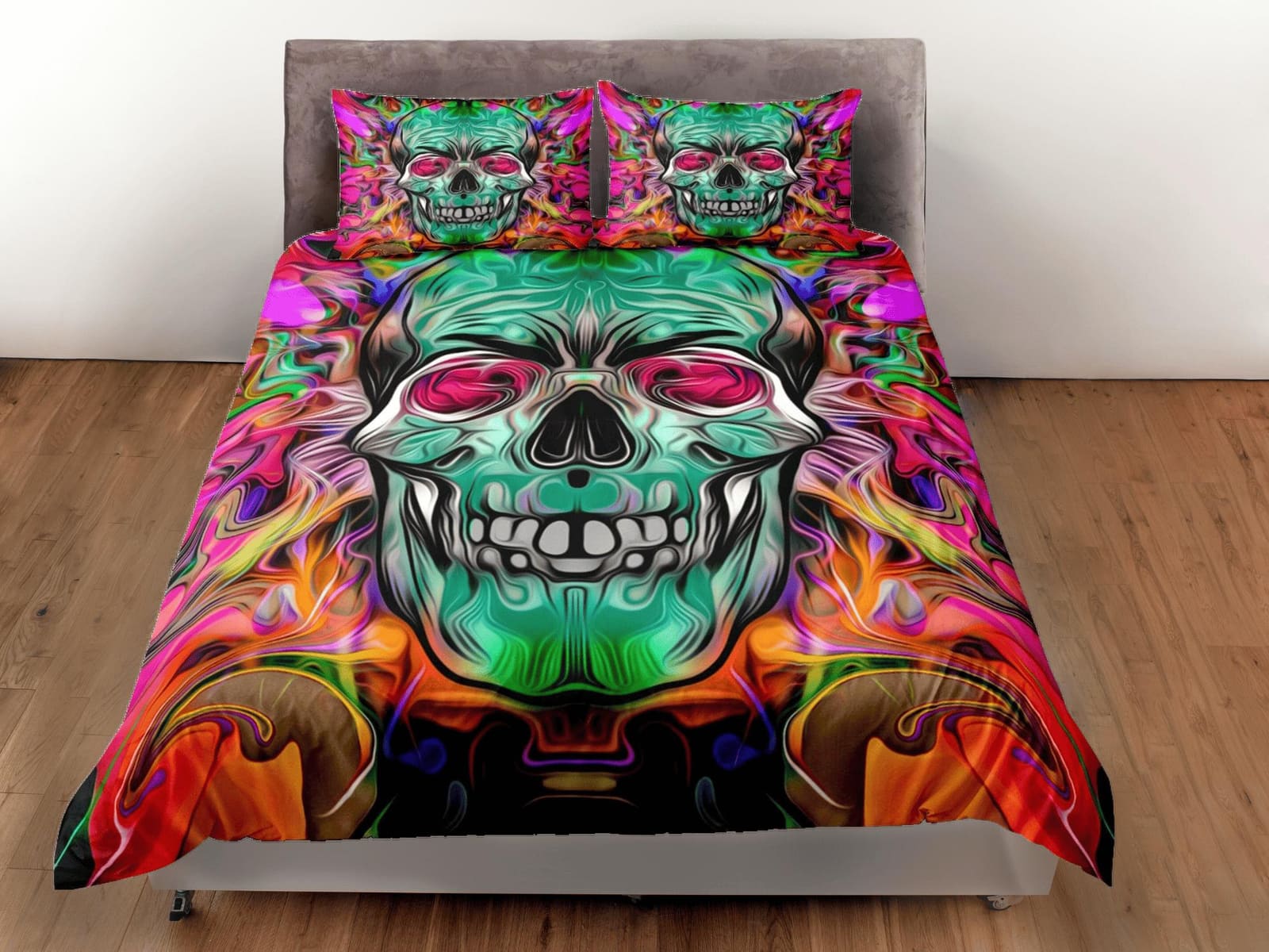 Halloween Bedding Hippie Neon Skull Colorful Duvet Cover Set Colorful Skull Bedspread, Dorm Bedding Pillowcase, Halloween…