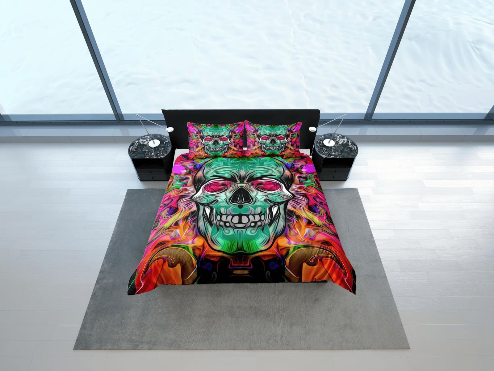 Halloween Bedding Hippie Neon Skull Colorful Duvet Cover Set Colorful Skull Bedspread, Dorm Bedding Pillowcase, Halloween…