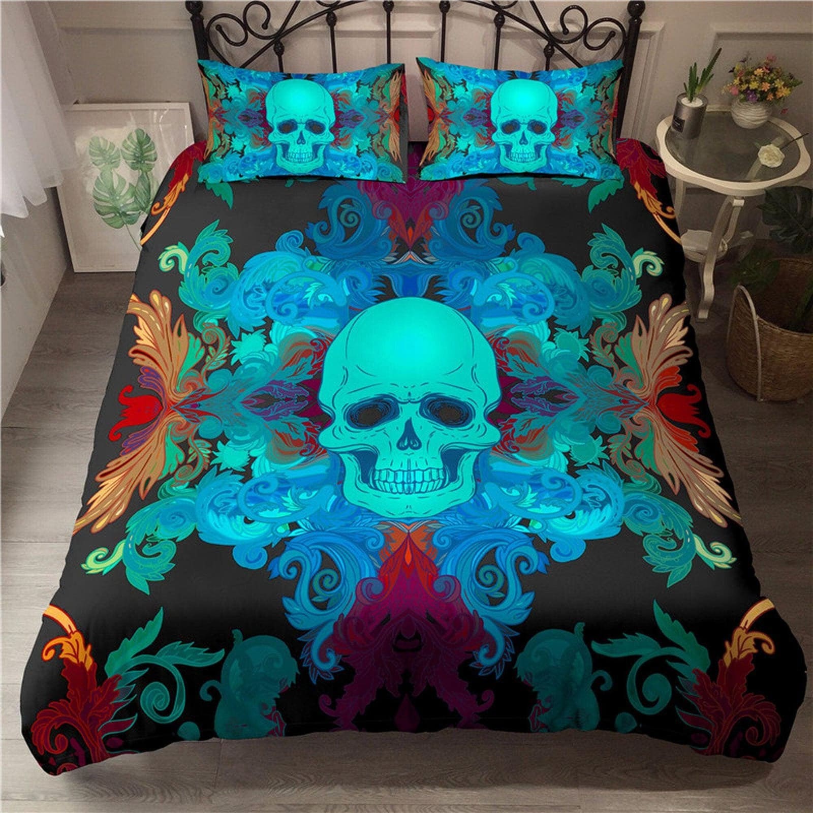 Halloween Bedding Neon Skull Black Duvet Cover Set Bedspread, Dorm Bedding with Pillowcase, Halloween Gift Teens Kids Adul…