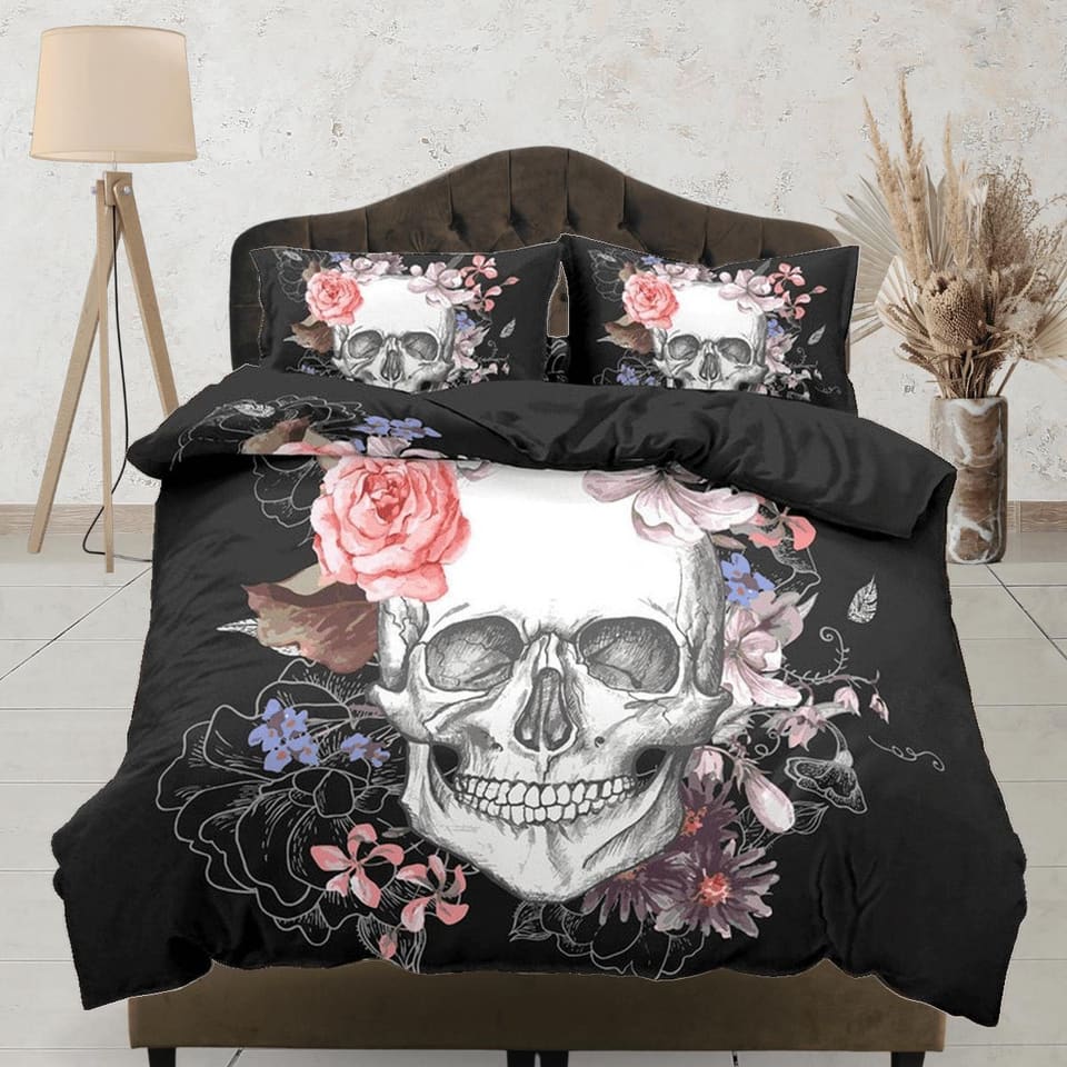 Halloween Bedding Skull and Roses Black Duvet Cover Set Floral Gothic Bedspread Dorm Bedding Pillowcase Comforter Cover, H…