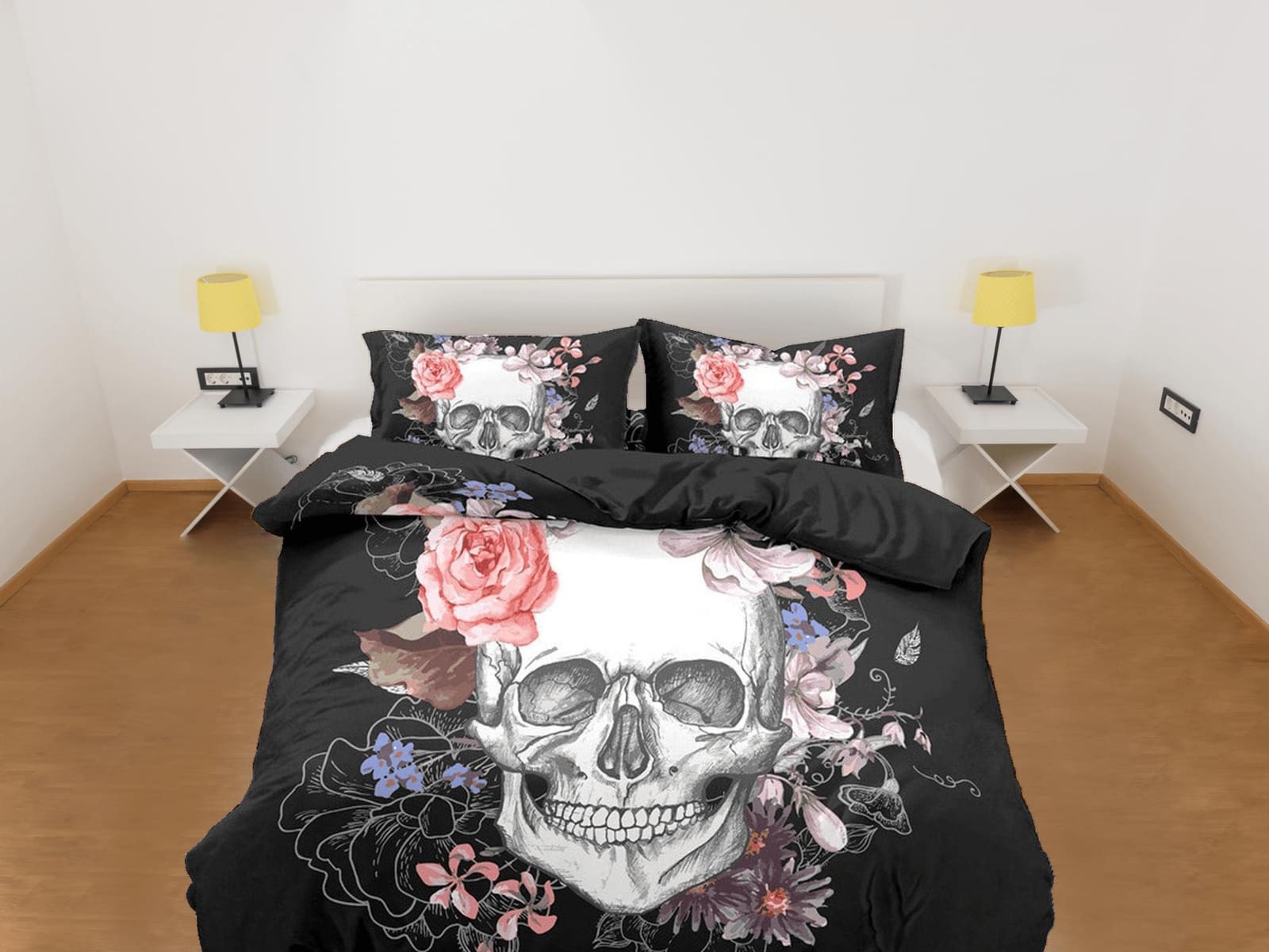 Halloween Bedding Skull and Roses Black Duvet Cover Set Floral Gothic Bedspread Dorm Bedding Pillowcase Comforter Cover, H…
