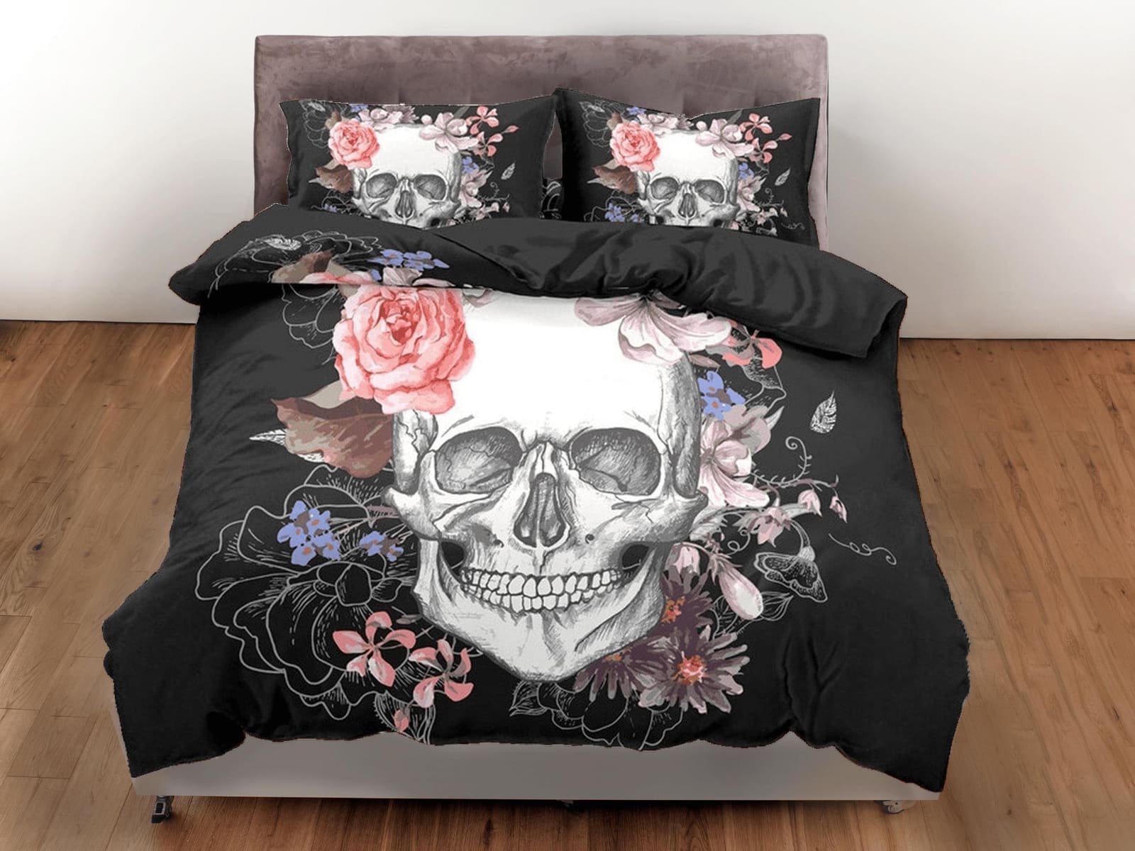 Halloween Bedding Skull and Roses Black Duvet Cover Set Floral Gothic Bedspread Dorm Bedding Pillowcase Comforter Cover, H…