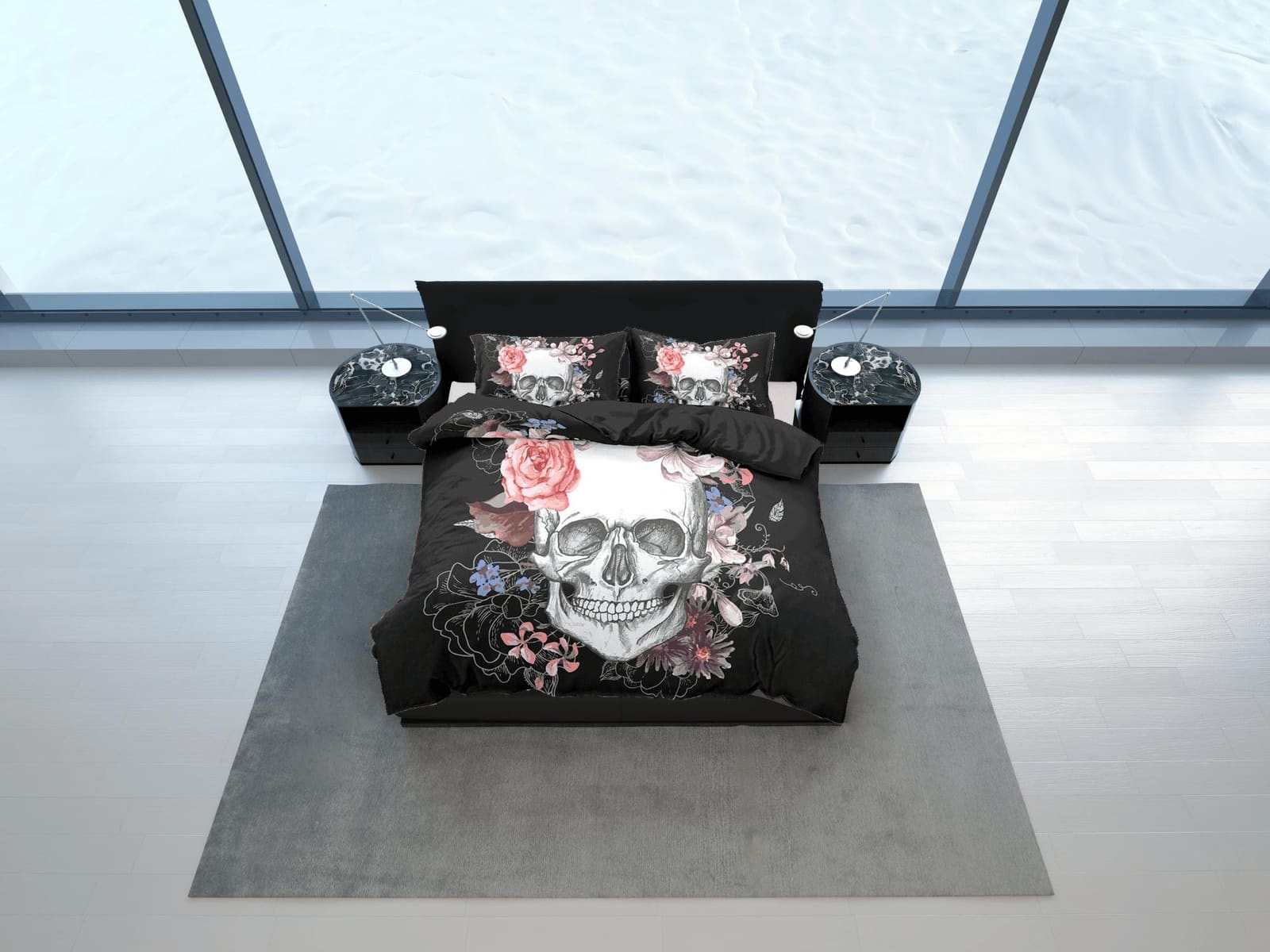 Halloween Bedding Skull and Roses Black Duvet Cover Set Floral Gothic Bedspread Dorm Bedding Pillowcase Comforter Cover, H…