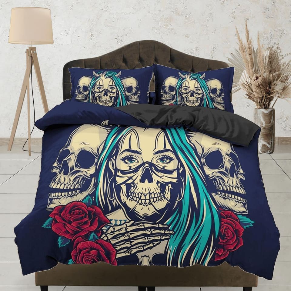 Halloween Bedding Skull and Roses Black Duvet Cover Set Gangster Bedspread Dorm Bedding Pillowcase Comforter Cover, Hallow…