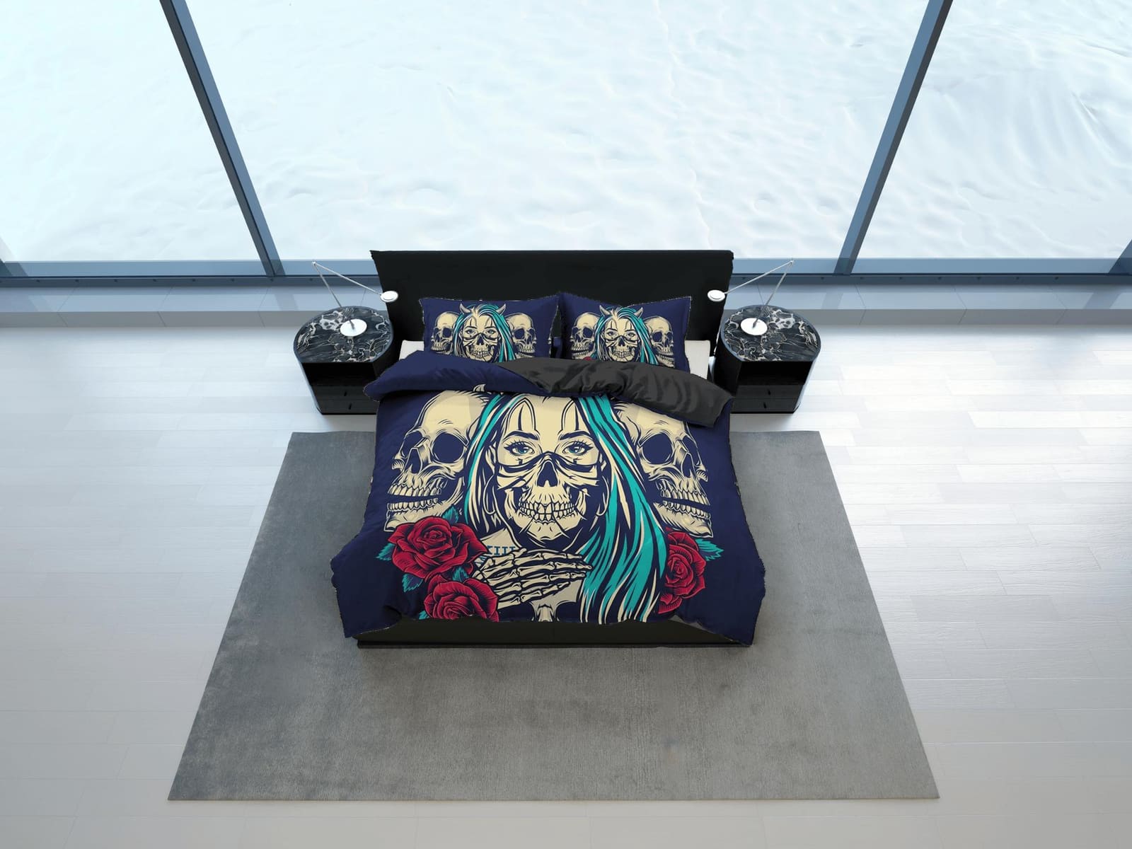 Halloween Bedding Skull and Roses Black Duvet Cover Set Gangster Bedspread Dorm Bedding Pillowcase Comforter Cover, Hallow…
