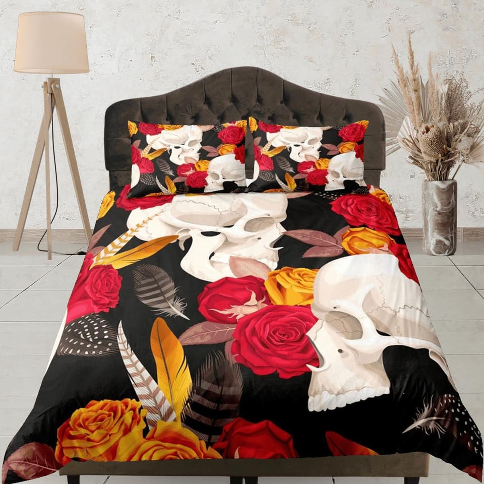 Halloween Bedding Skull and Roses Black Duvet Cover Set Gothic Bedspread Dorm Bedding with Pillowcase, Comforter Cover, Ha…