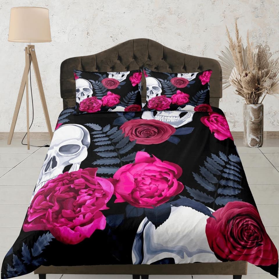 Halloween Bedding Skull and Roses Black Duvet Cover Set Gothic Bedspread Dorm Bedding with Pillowcase, Comforter Cover, Ha…