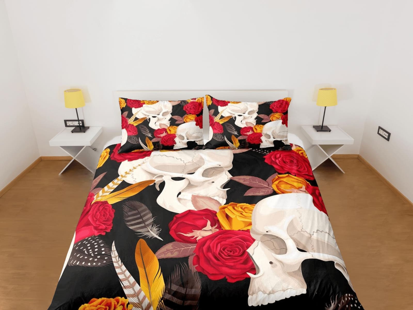 Halloween Bedding Skull and Roses Black Duvet Cover Set Gothic Bedspread Dorm Bedding with Pillowcase, Comforter Cover, Ha…