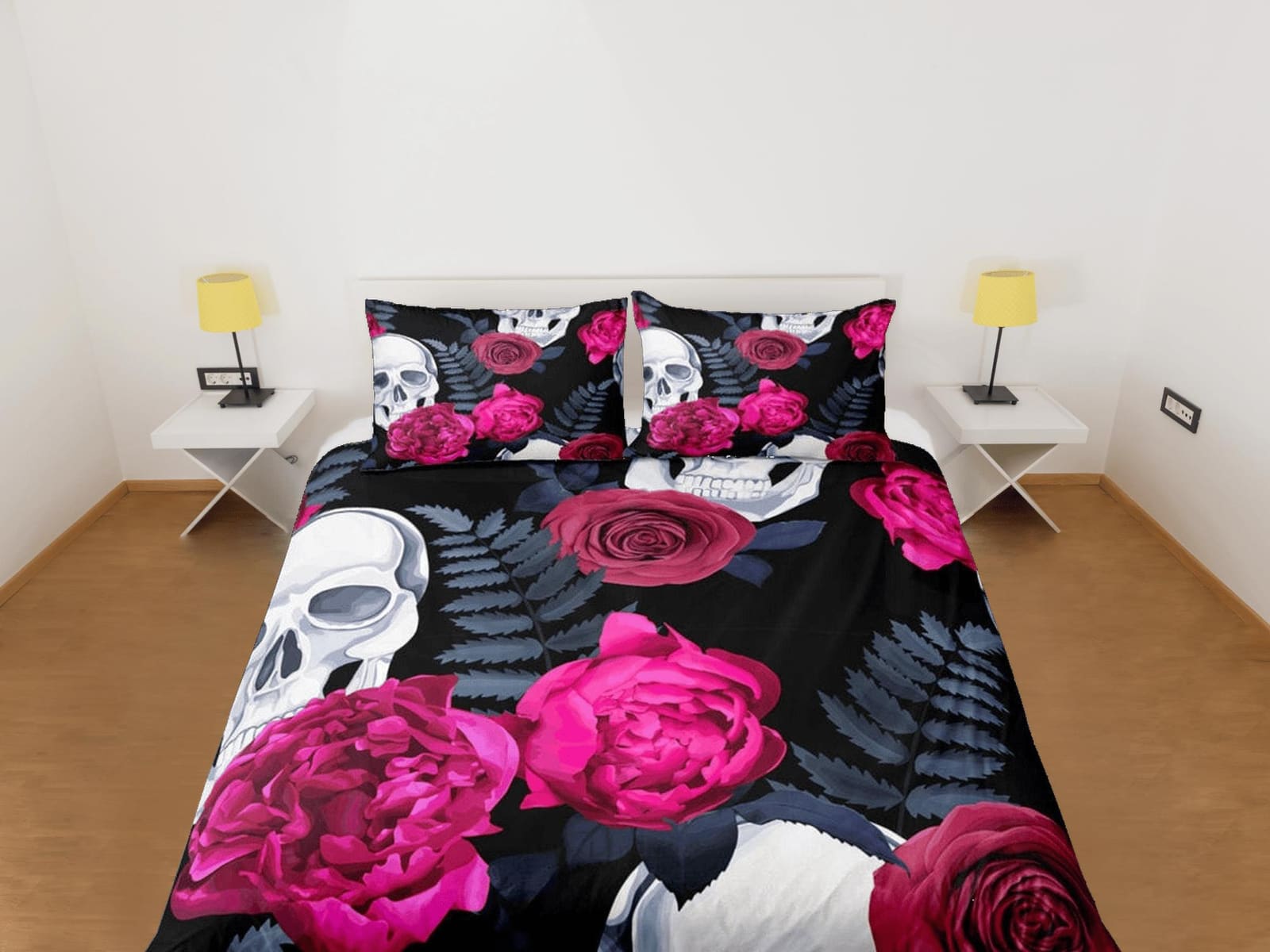 Halloween Bedding Skull and Roses Black Duvet Cover Set Gothic Bedspread Dorm Bedding with Pillowcase, Comforter Cover, Ha…