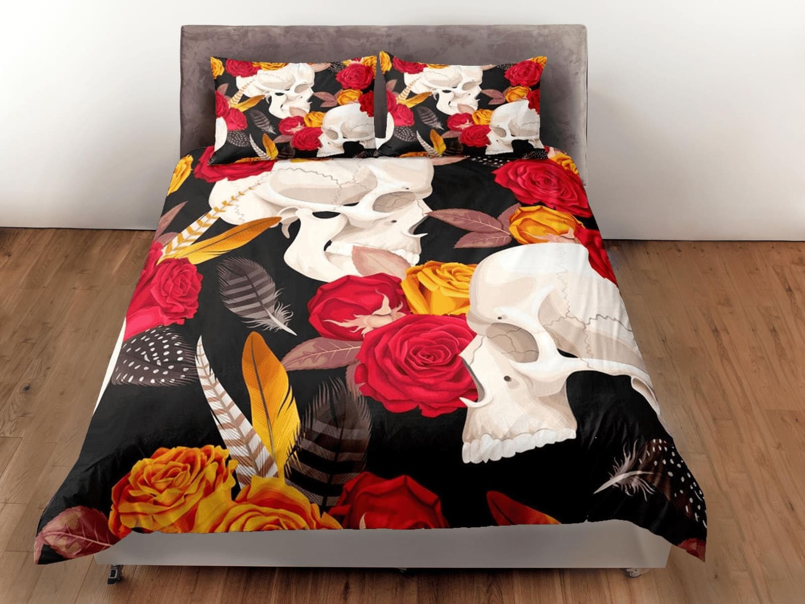 Halloween Bedding Skull and Roses Black Duvet Cover Set Gothic Bedspread Dorm Bedding with Pillowcase, Comforter Cover, Ha…
