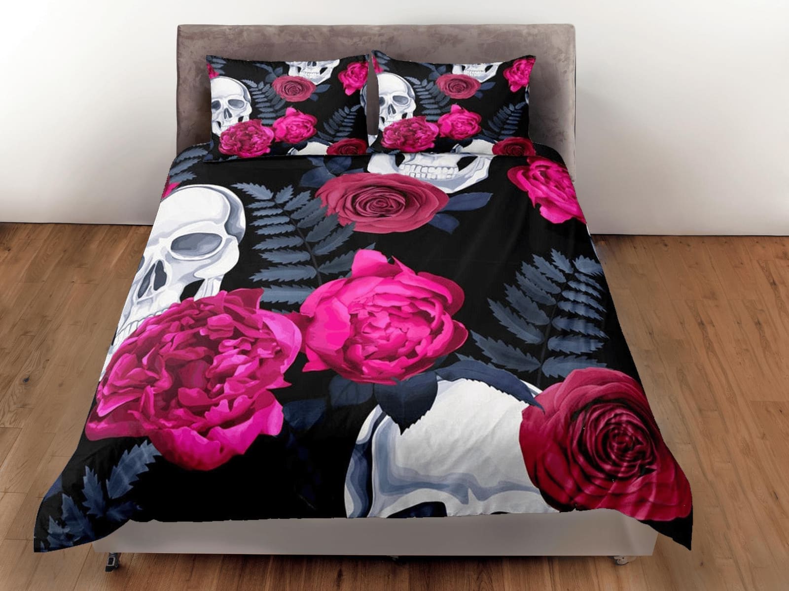 Halloween Bedding Skull and Roses Black Duvet Cover Set Gothic Bedspread Dorm Bedding with Pillowcase, Comforter Cover, Ha…