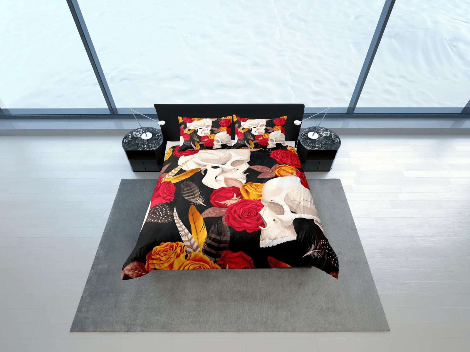 Halloween Bedding Skull and Roses Black Duvet Cover Set Gothic Bedspread Dorm Bedding with Pillowcase, Comforter Cover, Ha…
