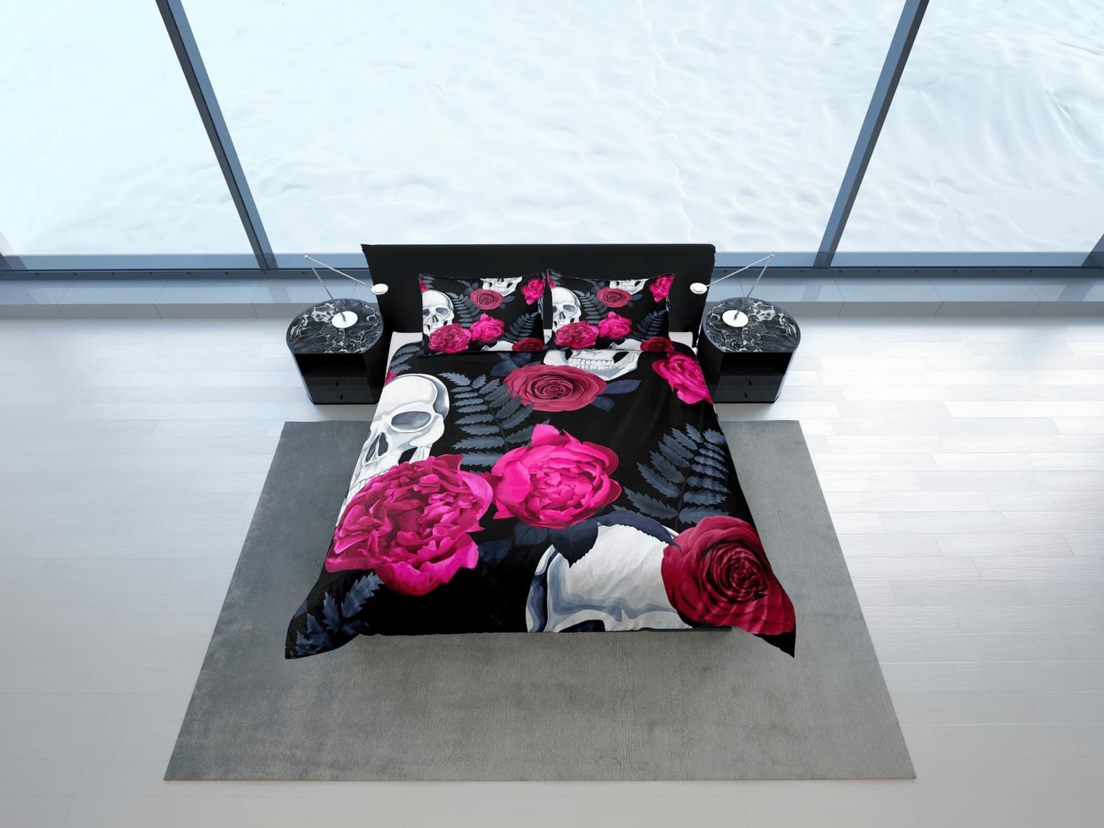 Halloween Bedding Skull and Roses Black Duvet Cover Set Gothic Bedspread Dorm Bedding with Pillowcase, Comforter Cover, Ha…