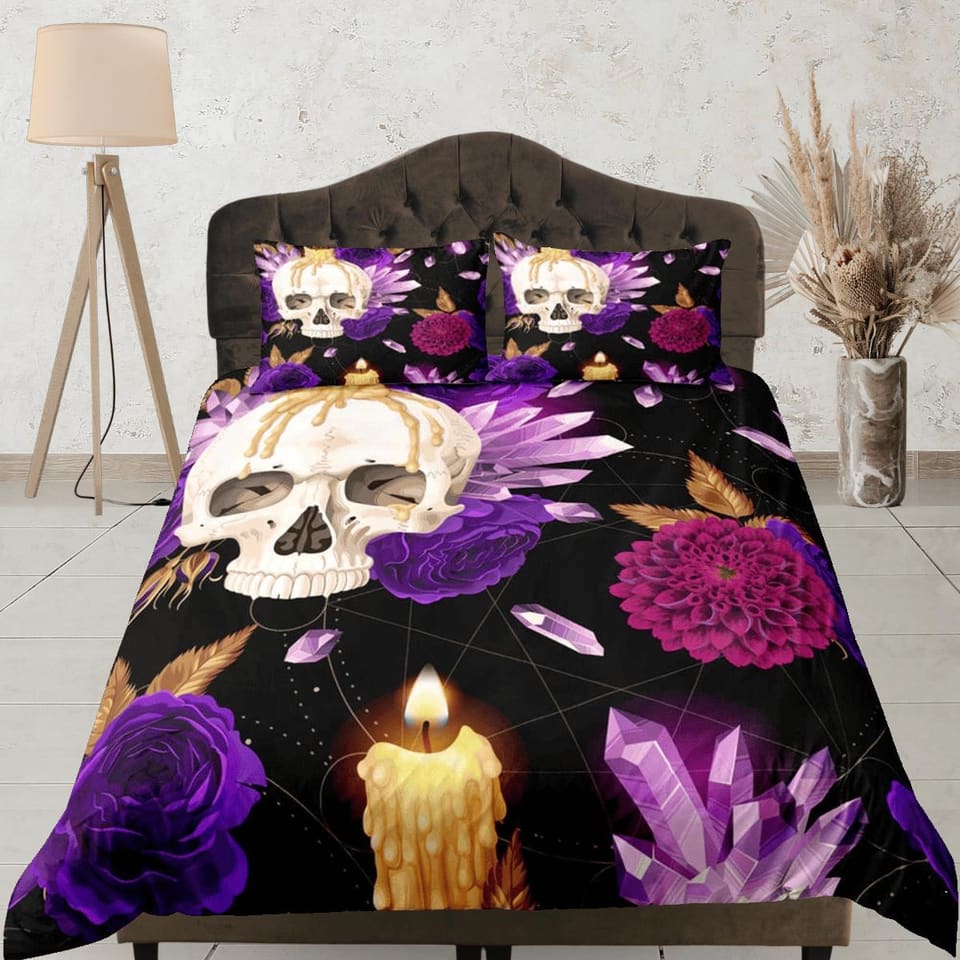 Halloween Bedding Skull and Roses Black Duvet Cover Set Purple Gothic Bedspread Dorm Bedding Pillowcase Comforter Cover, H…