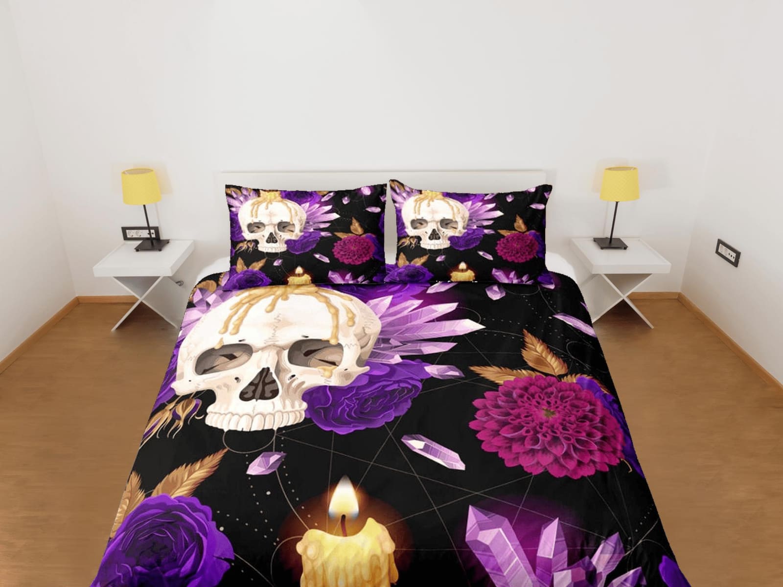 Halloween Bedding Skull and Roses Black Duvet Cover Set Purple Gothic Bedspread Dorm Bedding Pillowcase Comforter Cover, H…