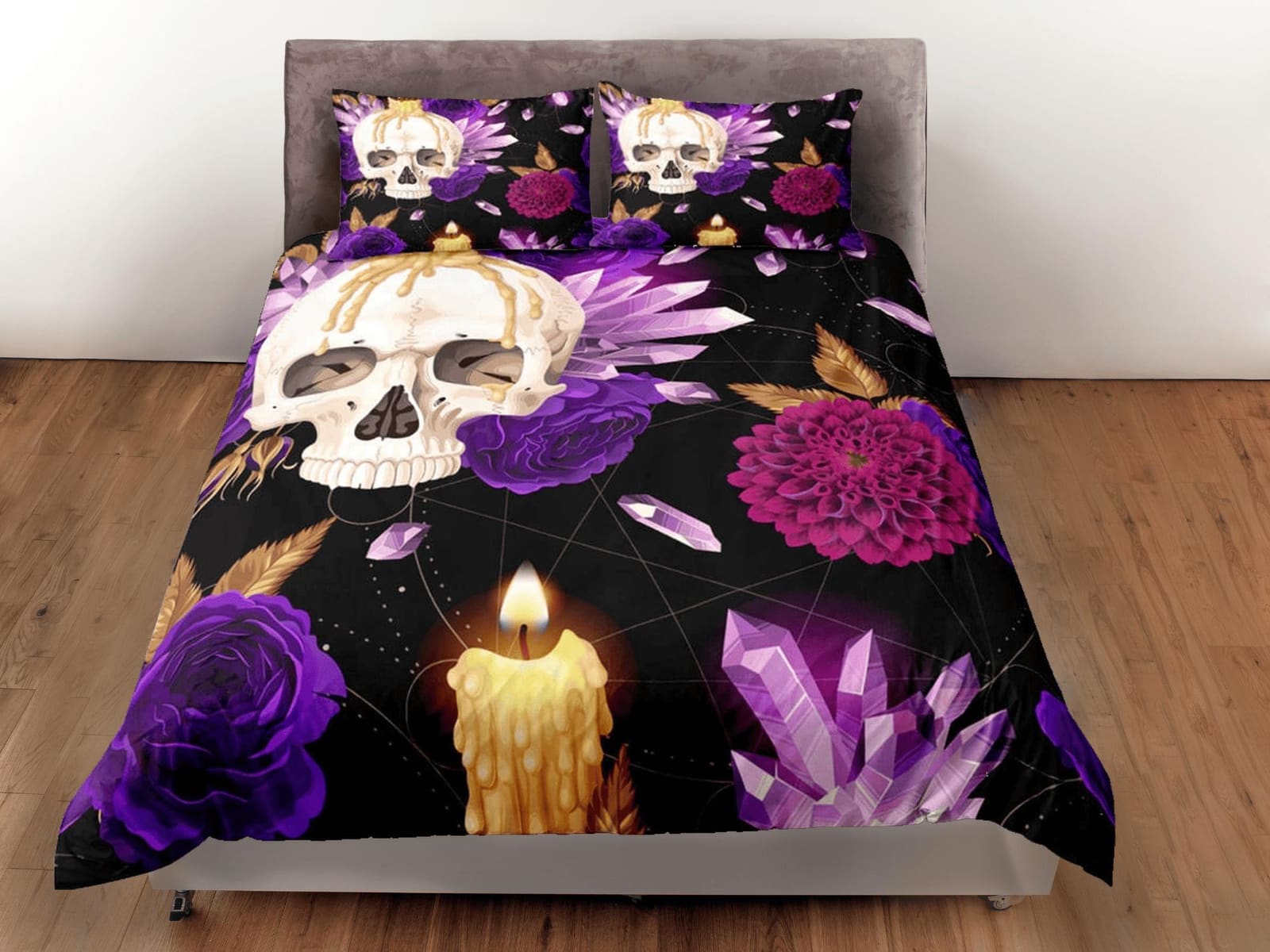 Halloween Bedding Skull and Roses Black Duvet Cover Set Purple Gothic Bedspread Dorm Bedding Pillowcase Comforter Cover, H…