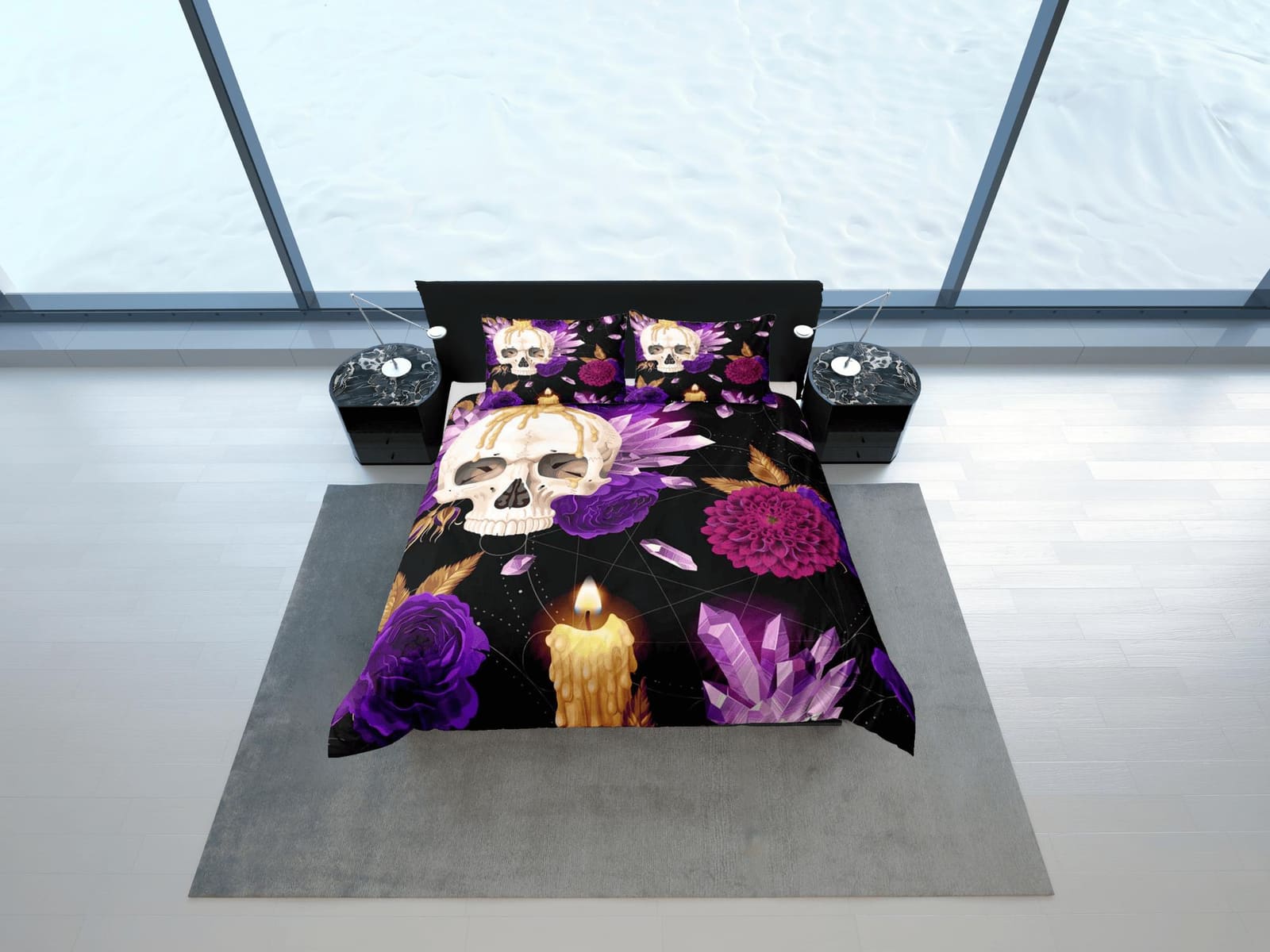 Halloween Bedding Skull and Roses Black Duvet Cover Set Purple Gothic Bedspread Dorm Bedding Pillowcase Comforter Cover, H…