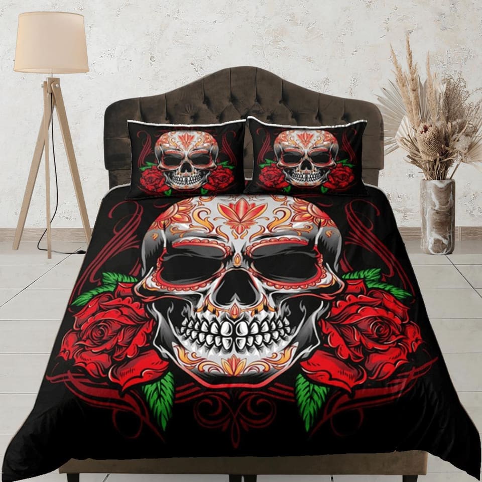 Halloween Bedding Skull and Roses Gothic Red Duvet Cover Set Bedspread, Dorm Bedding with Pillowcase, Halloween Gift Teens…