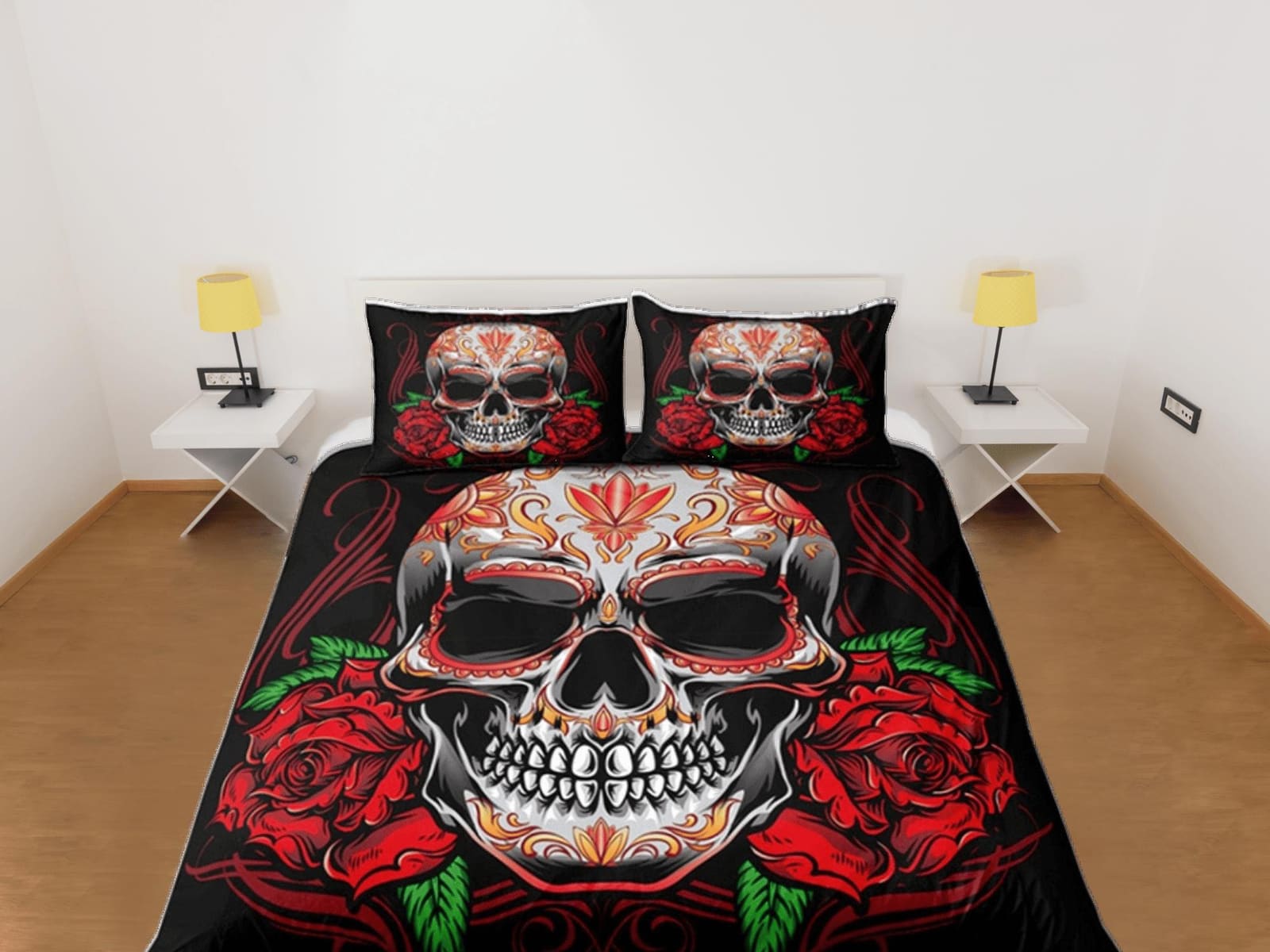 Halloween Bedding Skull and Roses Gothic Red Duvet Cover Set Bedspread, Dorm Bedding with Pillowcase, Halloween Gift Teens…