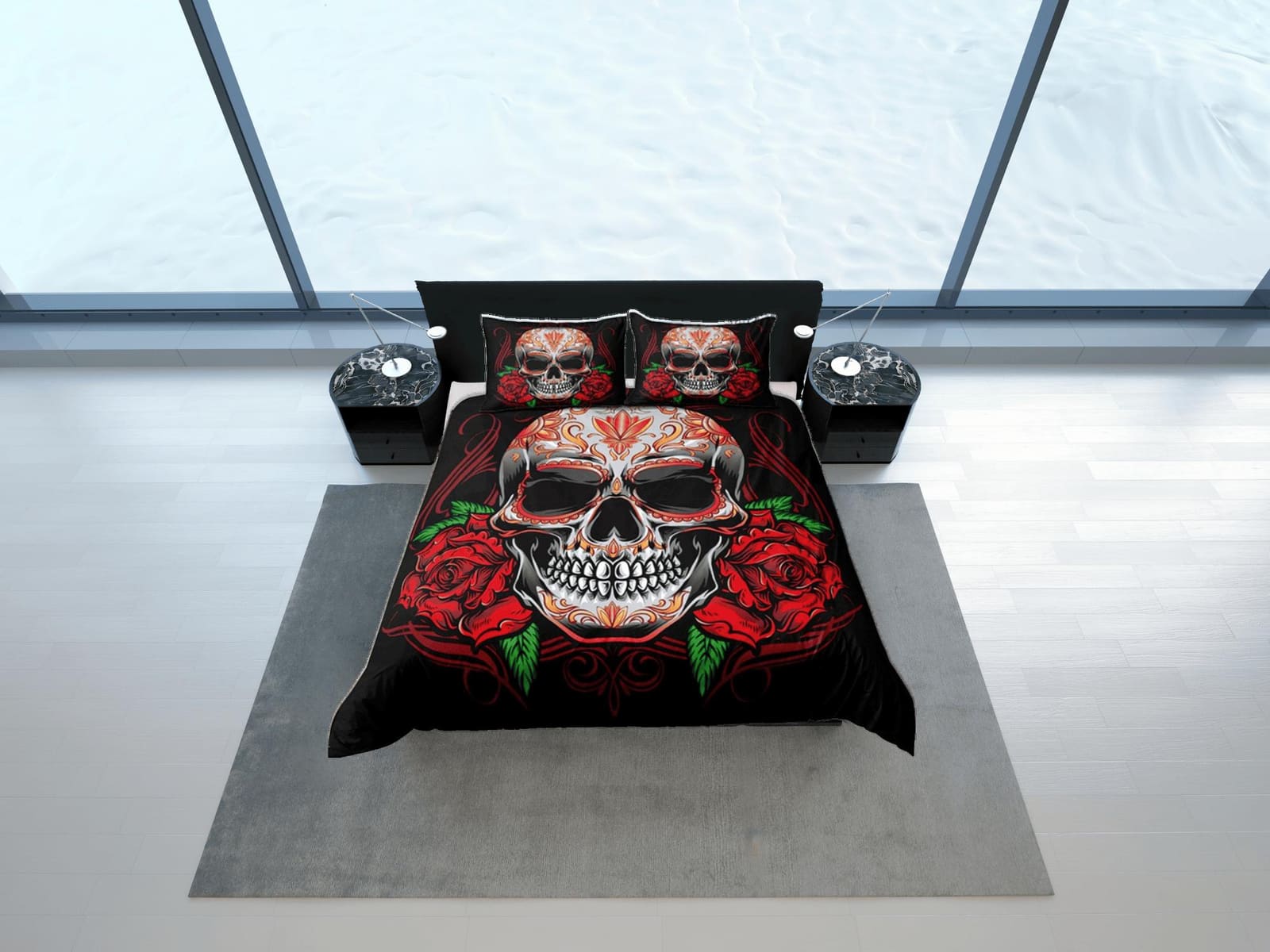 Halloween Bedding Skull and Roses Gothic Red Duvet Cover Set Bedspread, Dorm Bedding with Pillowcase, Halloween Gift Teens…