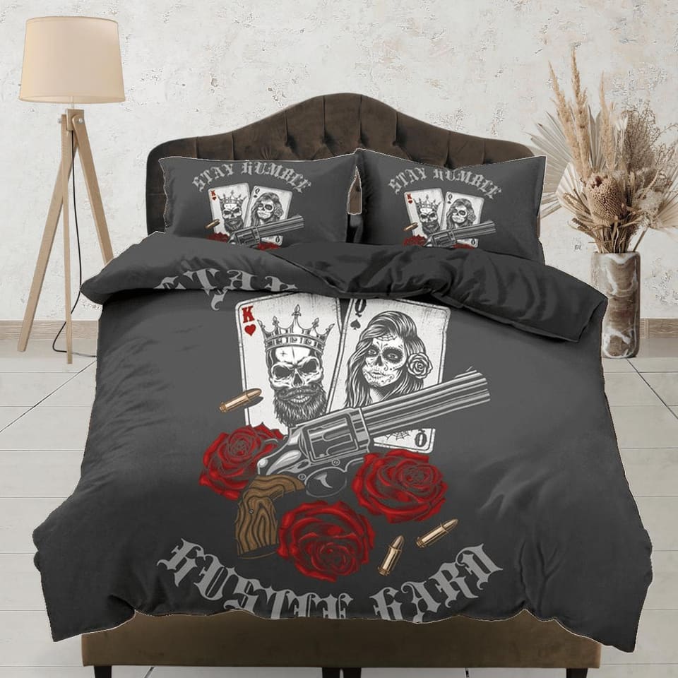 Halloween Bedding Skull Guns Roses Black Duvet Cover Set Gangster Bedspread Dorm Bedding, Pillowcase Comforter Cover, Hall…