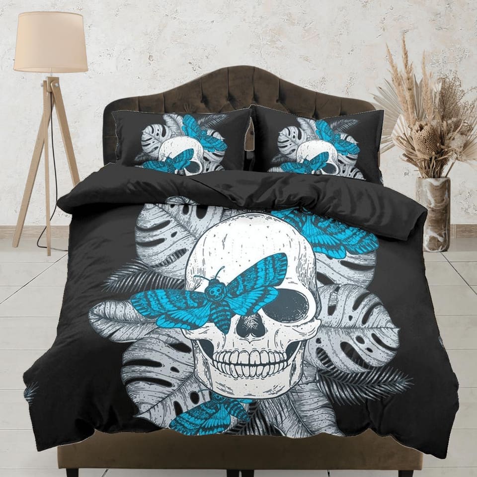 Halloween Bedding Skull & Moth Black Duvet Cover Set Bedspread, Dorm Bedding with Pillowcase, Halloween Gift Teens Kids Ad…