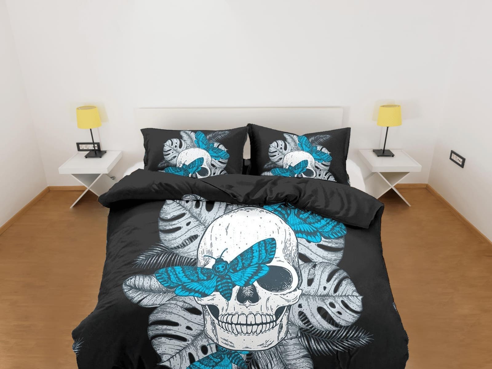 Halloween Bedding Skull & Moth Black Duvet Cover Set Bedspread, Dorm Bedding with Pillowcase, Halloween Gift Teens Kids Ad…
