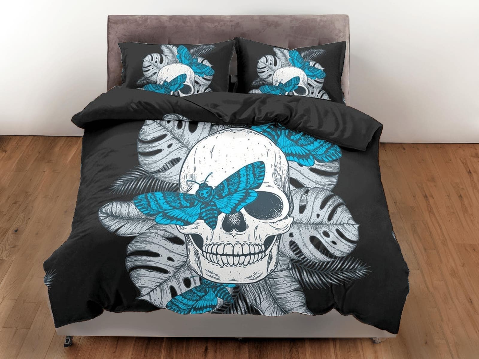 Halloween Bedding Skull & Moth Black Duvet Cover Set Bedspread, Dorm Bedding with Pillowcase, Halloween Gift Teens Kids Ad…