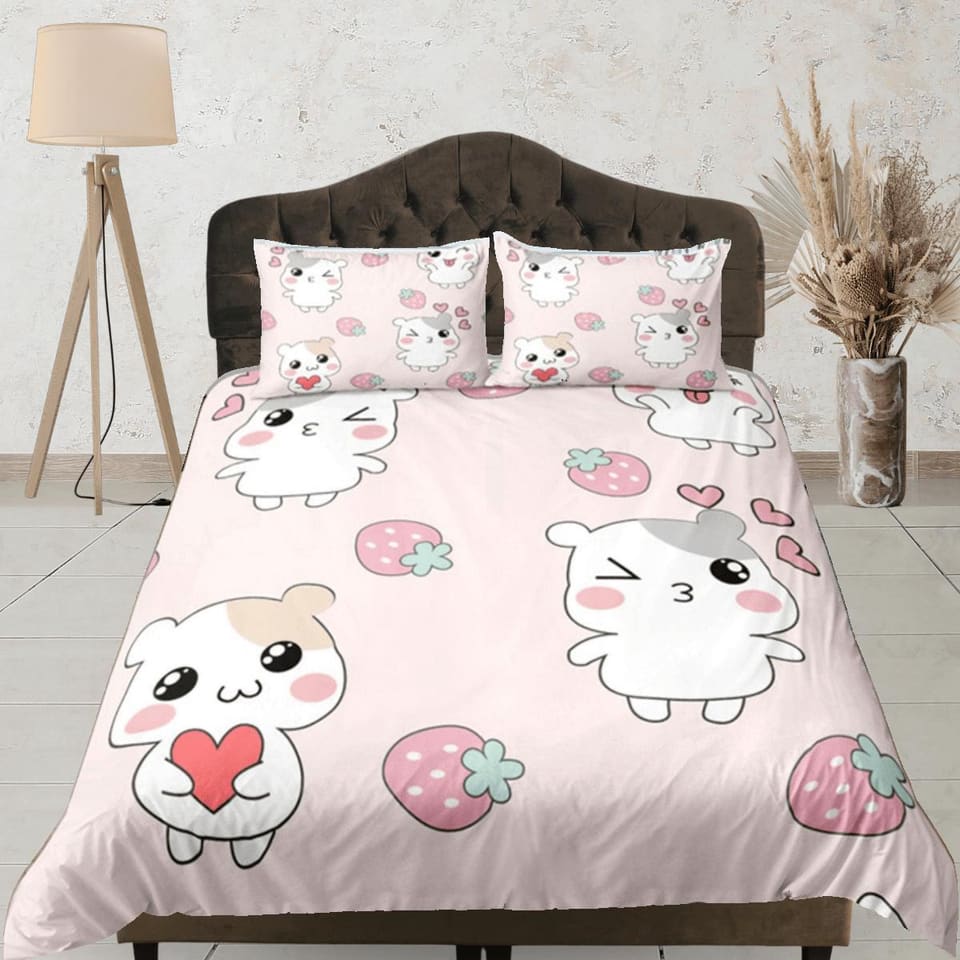 Hamster Anime Duvet Cover Set Cute Bedspread, Kawaii Dorm Bedding with Pillowcase