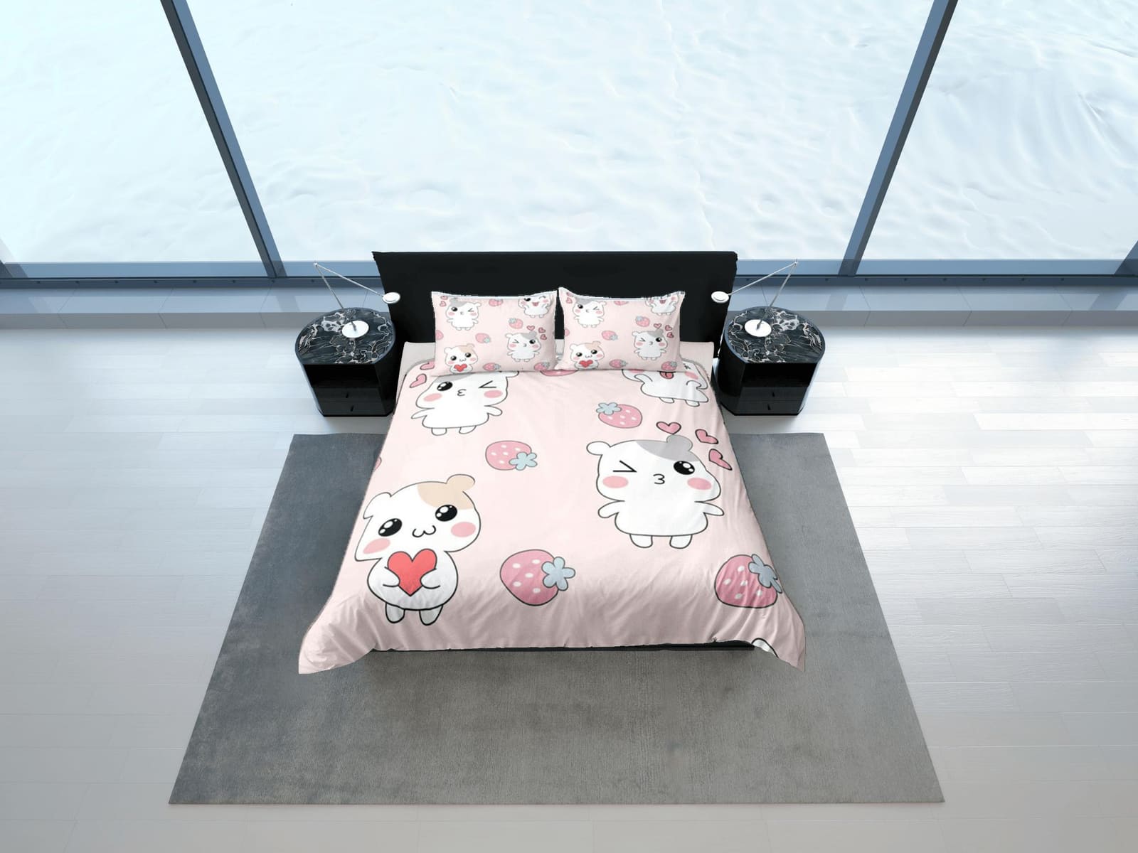 Hamster Anime Duvet Cover Set Cute Bedspread, Kawaii Dorm Bedding with Pillowcase