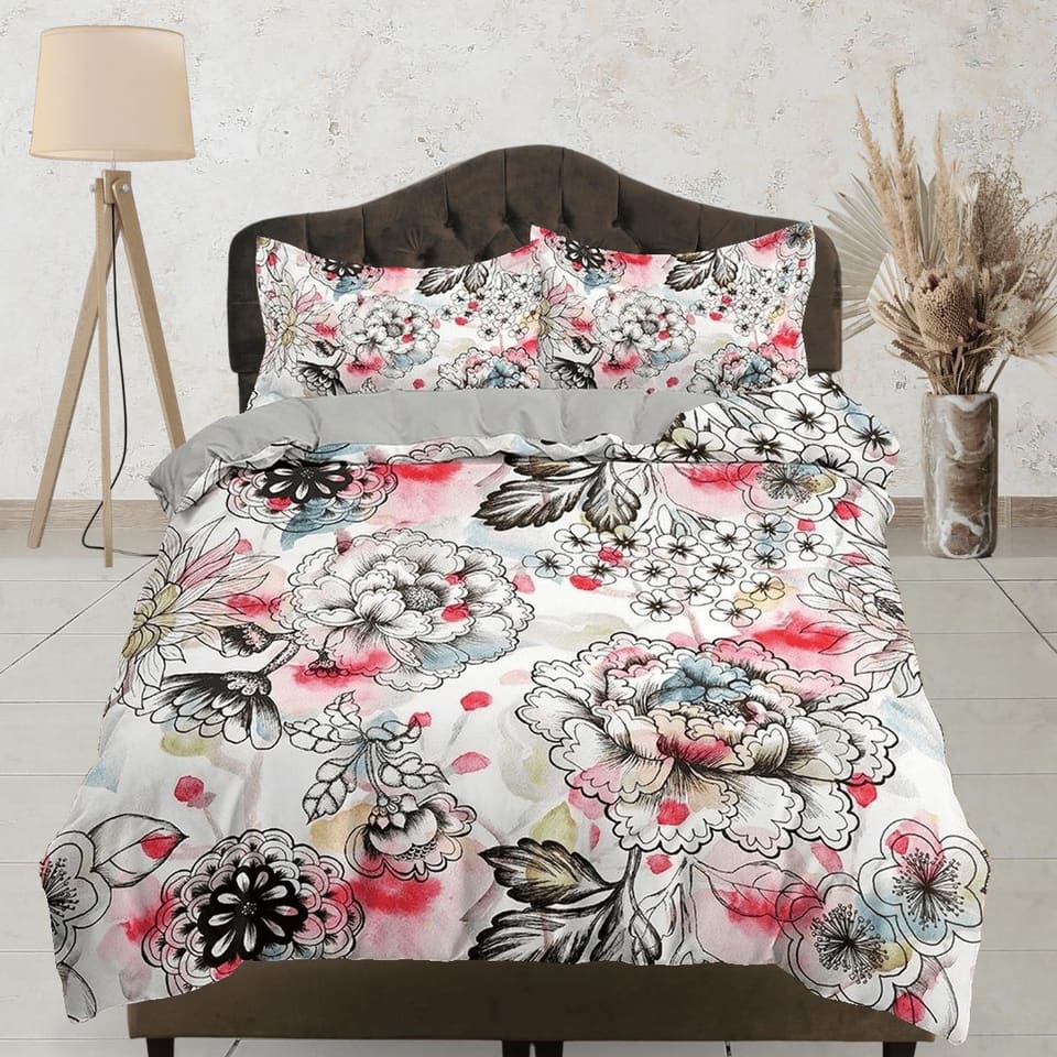 Hand drawn biophilic bedding, floral printed duvet cover queen, king, boho duvet, designer bedding, aesthetic bedding, max…