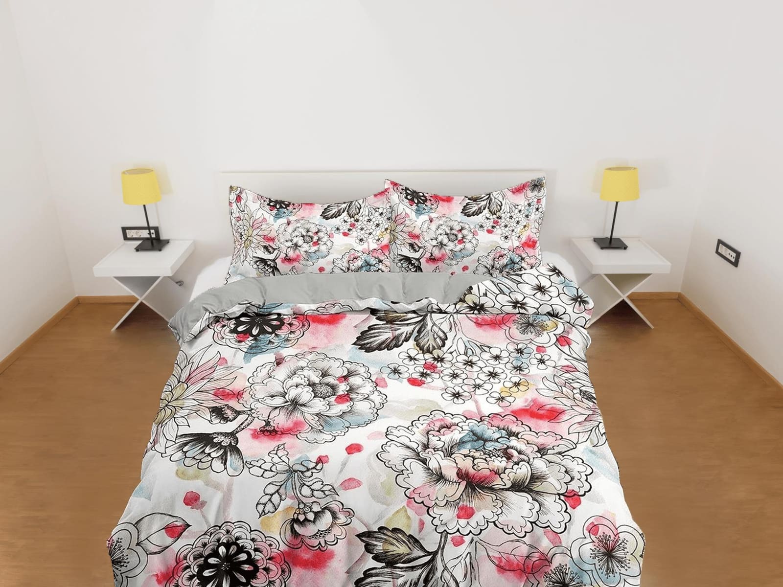 Hand drawn biophilic bedding, floral printed duvet cover queen, king, boho duvet, designer bedding, aesthetic bedding, max…