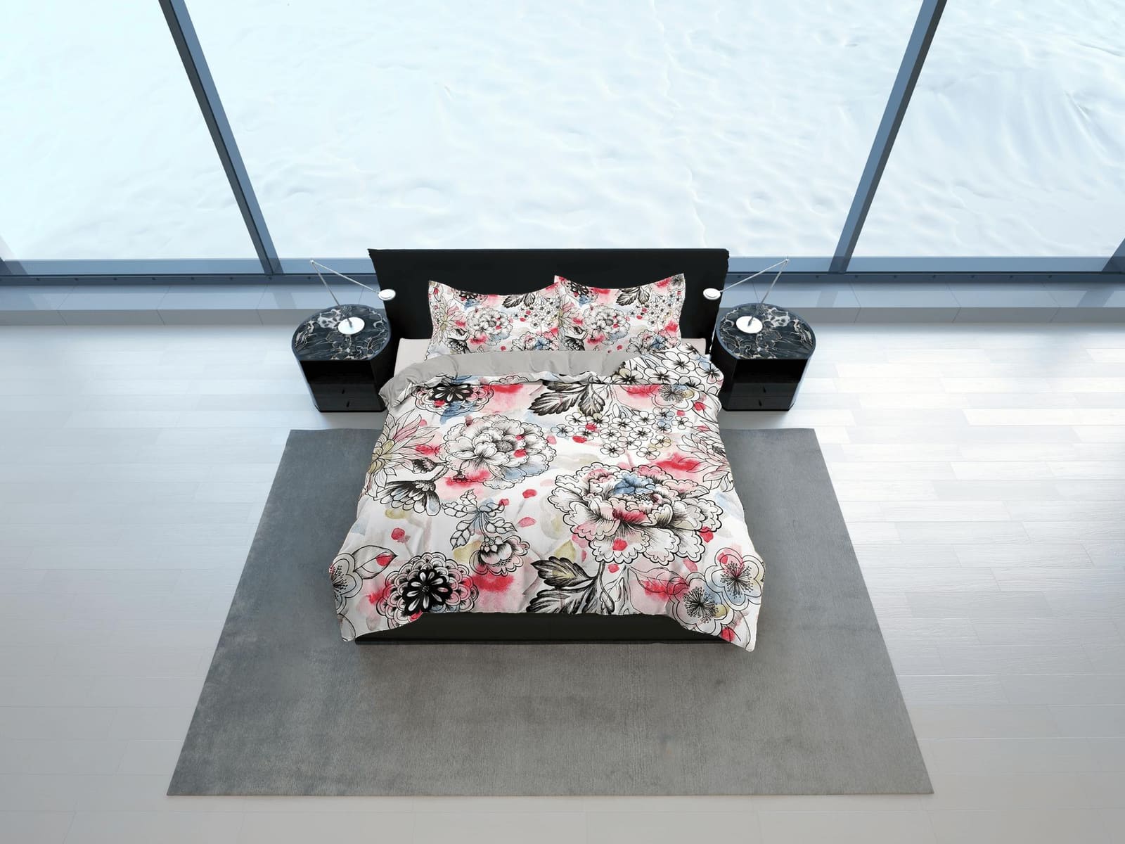 Hand drawn biophilic bedding, floral printed duvet cover queen, king, boho duvet, designer bedding, aesthetic bedding, max…