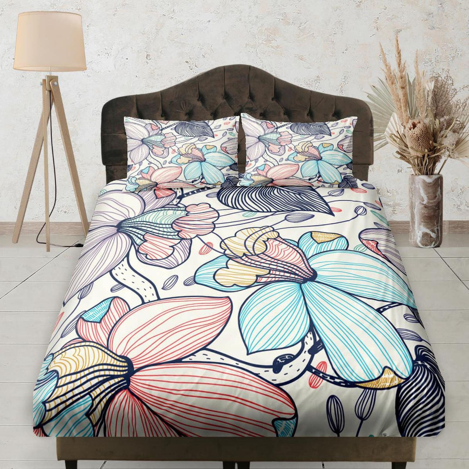 Hand drawn Flowers Pastel Colored Fitted Sheet, Floral Printed Boho Bedding Set Full, Dorm Bedding, Crib Sheet, Shabby Chi…