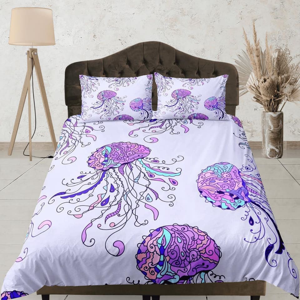Hand drawn jellyfish bedding lavender purple duvet cover, ocean blush sea animal bedding set full king queen twin crib tod…