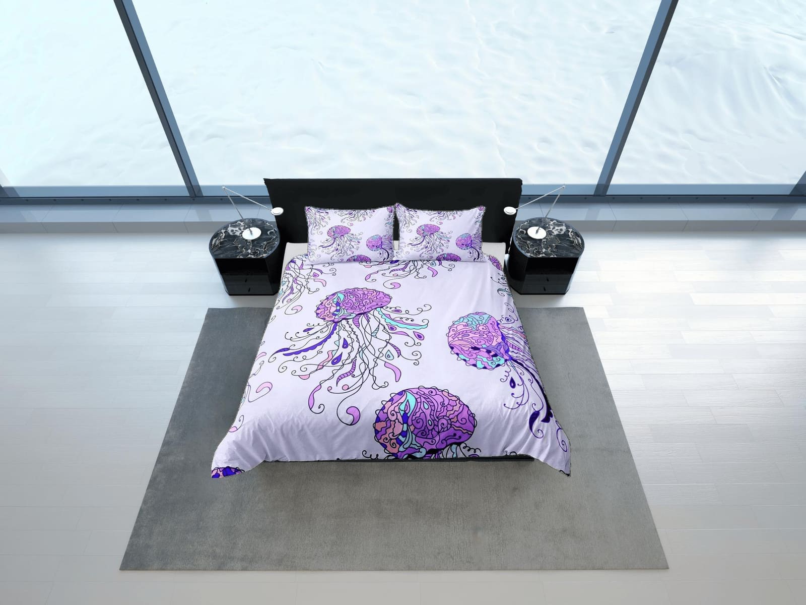 Hand drawn jellyfish bedding lavender purple duvet cover, ocean blush sea animal bedding set full king queen twin crib tod…