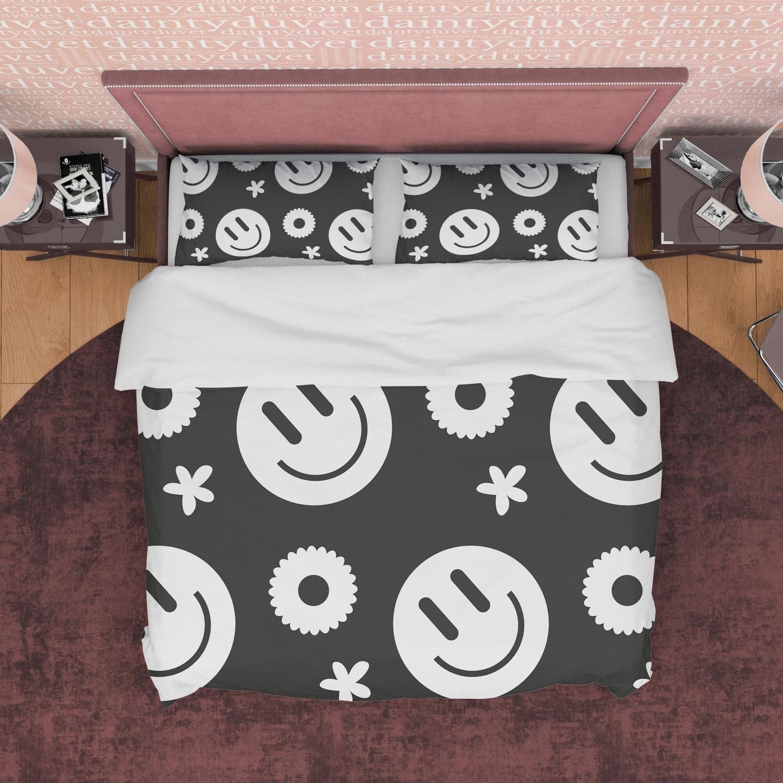 Happy Black and White Duvet Cover Set, Smile Emoji Blanket Cover Retro Printed Bedding Set, 90s Nostalgia Quilt Cover, Gro…