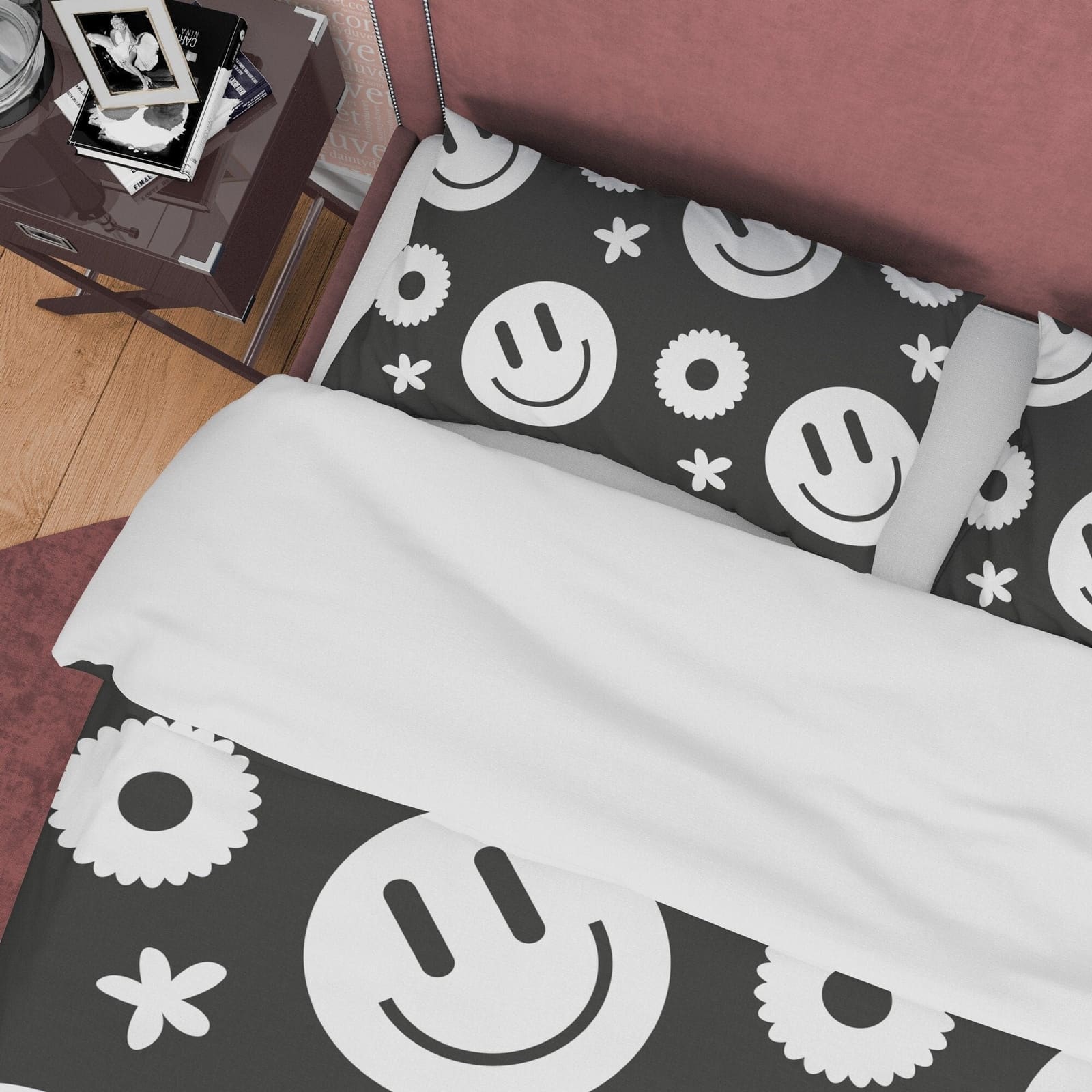 Happy Black and White Duvet Cover Set, Smile Emoji Blanket Cover Retro Printed Bedding Set, 90s Nostalgia Quilt Cover, Gro…