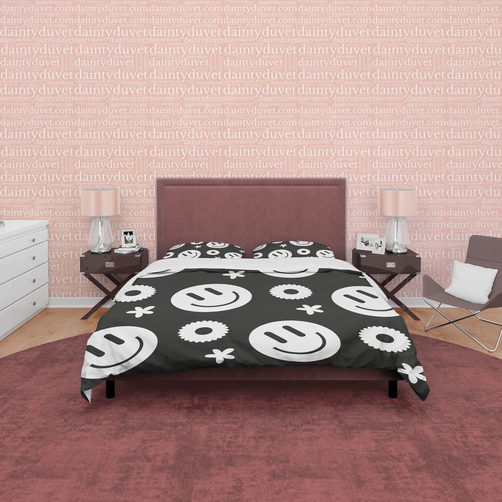 Happy Black and White Duvet Cover Set, Smile Emoji Blanket Cover Retro Printed Bedding Set, 90s Nostalgia Quilt Cover, Gro…